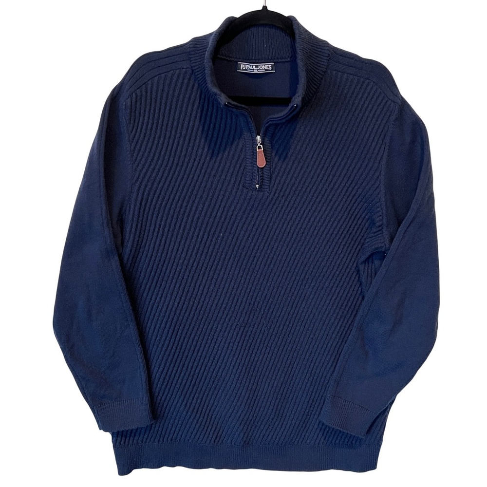 PJ PAUL JONES Mens Navy Blue Ribbed Quarter Zip‎ Pullover Sweater XL
